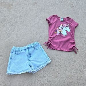 Pink Unicorn T-Shirt and Light Blue Denim Shorts 2-piece Summer Set
